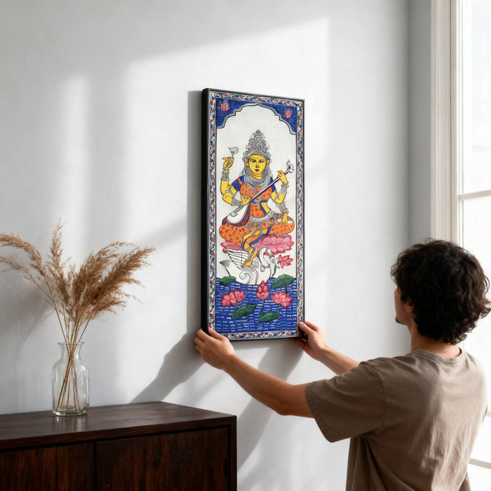 Saraswati Pattachitra Painting on Tussar Silk — Original Handmade Odisha Art | 7×16 Inches