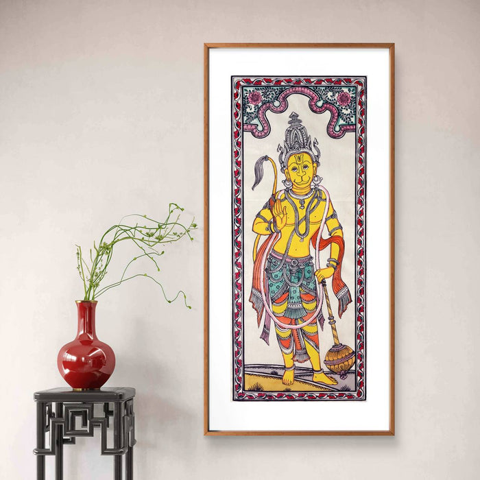 Hanuman Pattachitra Painting on Tussar Silk — Original Handmade Odisha Art | 7×16 Inches