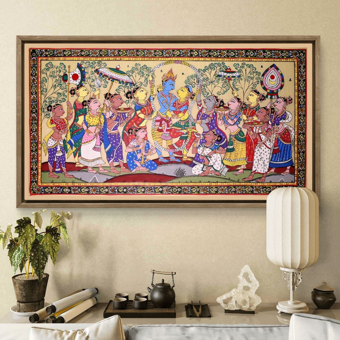 Krishna Gopi Vrindavan Pattachitra on Tussar Silk — Original Odisha Hand-Painted Bhakti Art | 24×44 Inches | Sacred Krishna Wall Art