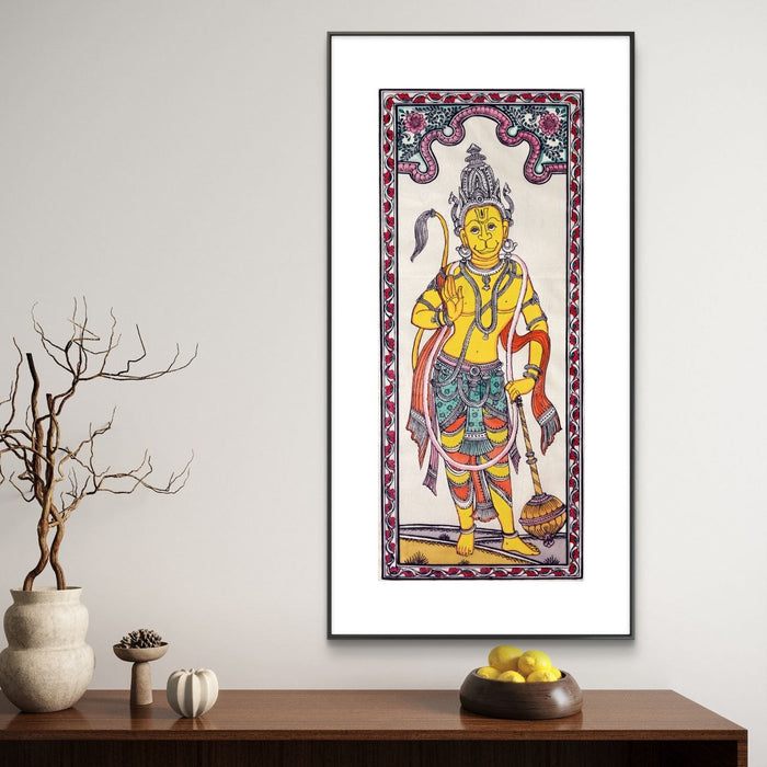 Hanuman Pattachitra Painting on Tussar Silk — Original Handmade Odisha Art | 7×16 Inches