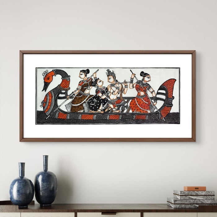 Krishna Leela Boat Scene Pattachitra Painting on Tussar Silk — Original Handmade Odisha Art | 7×16 Inches