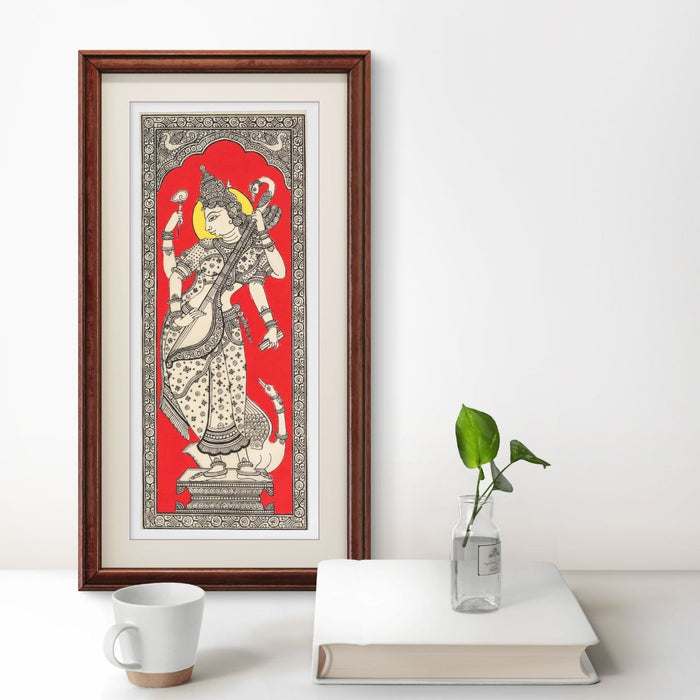 Saraswati Pattachitra Painting on Tussar Silk — Original Handmade Odisha Art | 7×16 Inches