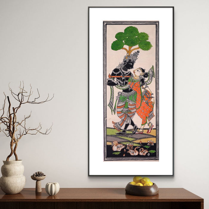 Radha Krishna Pattachitra Painting on Tussar Silk — Original Handmade Odisha Art | 7×16 Inches | Divine Love