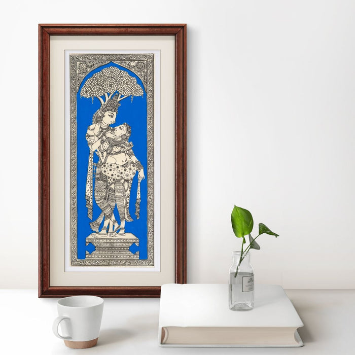 Radha Krishna Pattachitra Painting on Tussar Silk — Original Handmade Odisha Art | 7×16 Inches | Divine Love