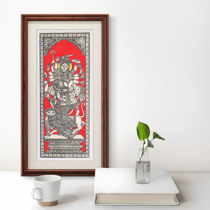Durga Pattachitra Painting on Tussar Silk — Original Handmade Odisha Art | 7×16 Inches