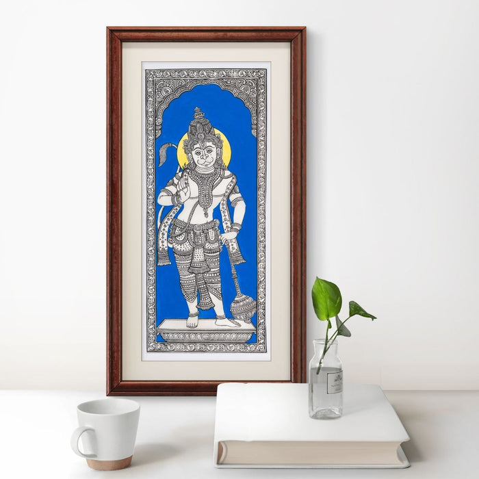 Hanuman Pattachitra Painting on Tussar Silk — Original Handmade Odisha Art | 7×16 Inches