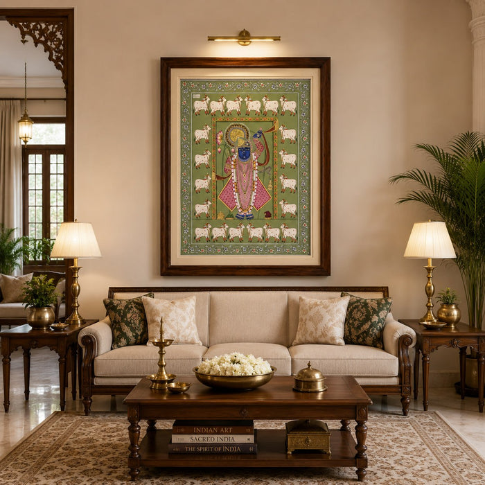 Shrinathji in the Emerald Cow Pasture Pichwai Painting · 36 by 48 Inches