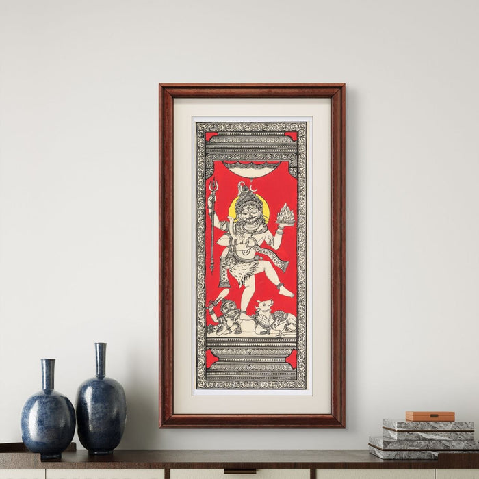 Shiva Pattachitra Painting on Tussar Silk — Original Handmade Odisha Art | 7×16 Inches
