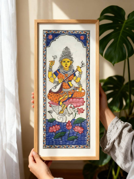 Saraswati Pattachitra Painting on Tussar Silk — Original Handmade Odisha Art | 7×16 Inches