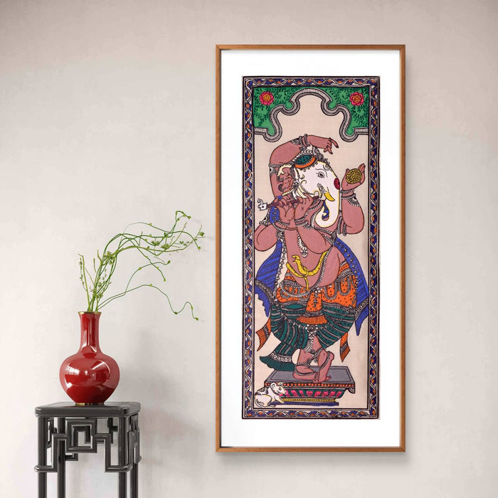 Dancing Ganesha Pattachitra Painting on Tussar Silk — Original Handmade Odisha Art | 7×16 Inches
