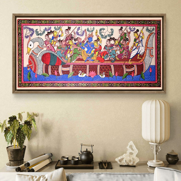 Krishna Gopi Vrindavan Pattachitra on Tussar Silk — Original Odisha Hand-Painted Bhakti Art | 24×44 Inches | Sacred Krishna Wall Art