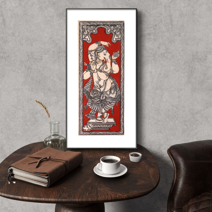 Dancing Ganesha Pattachitra Painting on Tussar Silk — Original Handmade Odisha Art | 7×16 Inches