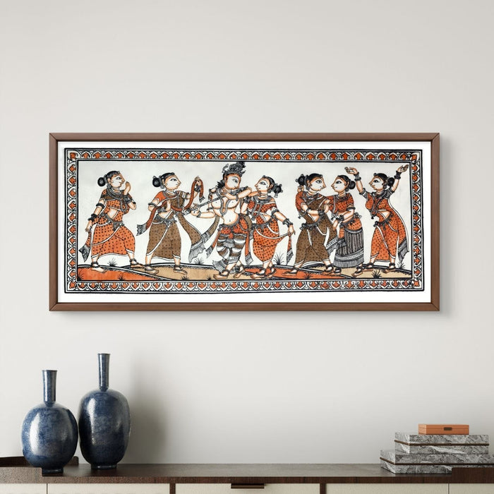 Krishna Raas Leela Pattachitra Painting on Tussar Silk — Original Handmade Odisha Art | 7×16 Inches
