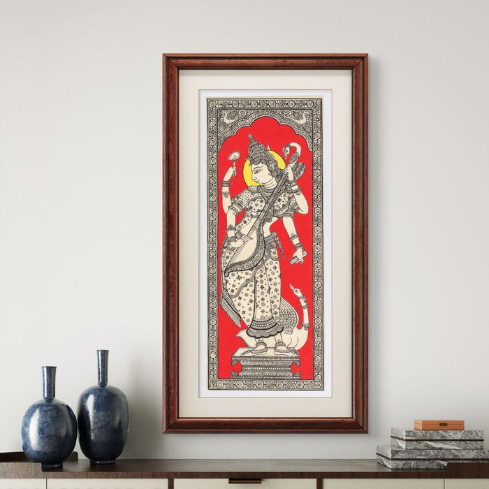Saraswati Pattachitra Painting on Tussar Silk — Original Handmade Odisha Art | 7×16 Inches