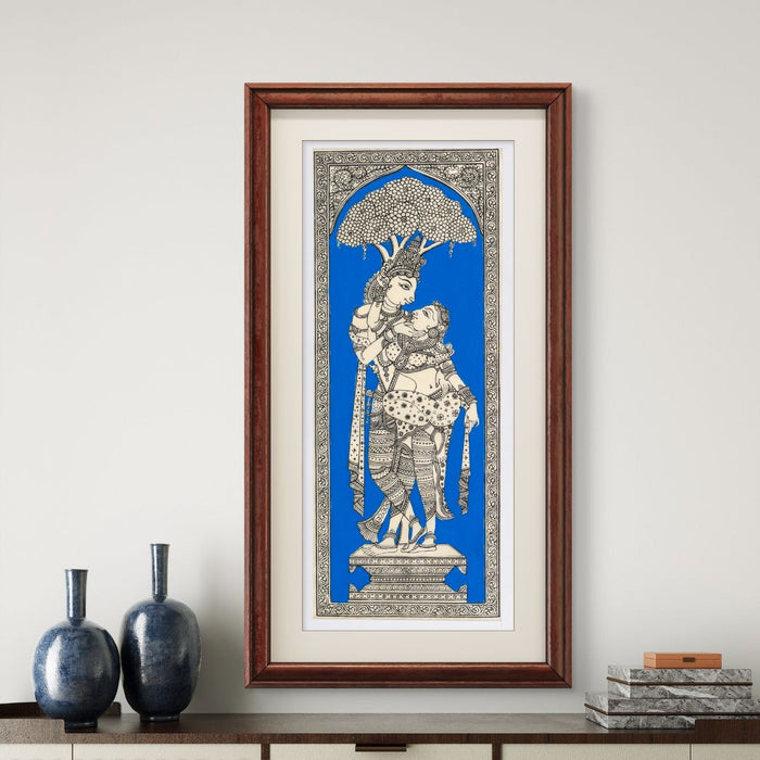 Radha Krishna Pattachitra Painting on Tussar Silk — Original Handmade Odisha Art | 7×16 Inches | Divine Love