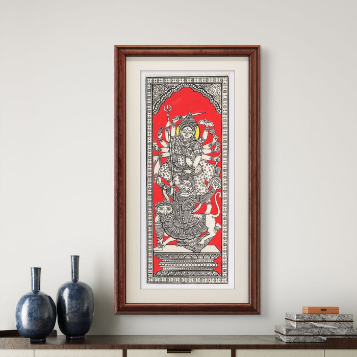 Durga Pattachitra Painting on Tussar Silk — Original Handmade Odisha Art | 7×16 Inches