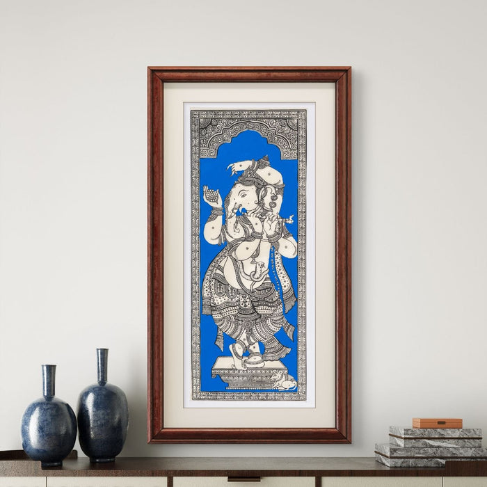Dancing Ganesha Pattachitra Painting on Tussar Silk — Original Handmade Odisha Art | 7×16 Inches
