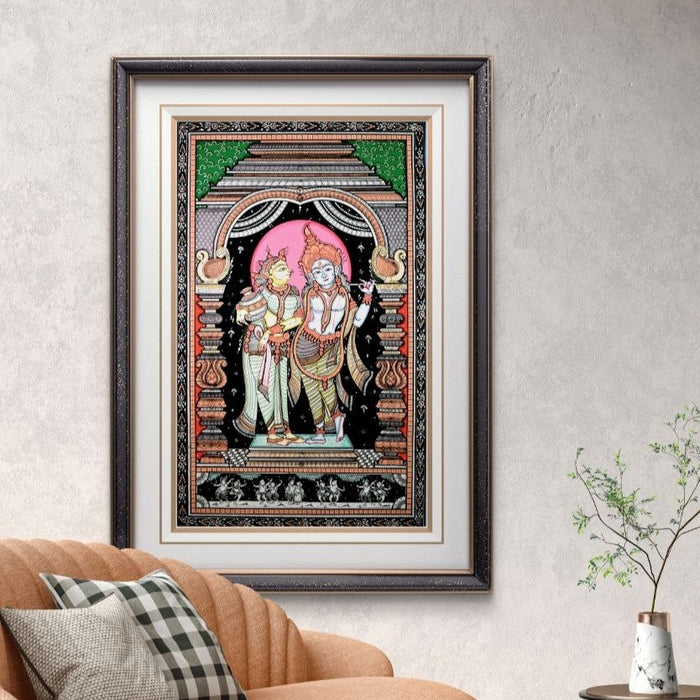 Radha Krishna Pattachitra Painting — Original Handmade Odisha Art | 24×40 Inches | Divine Love Artwork
