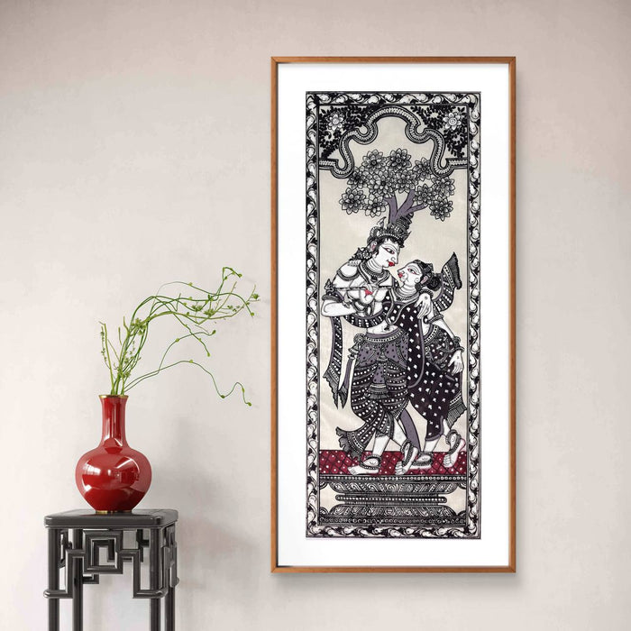 Radha Krishna Pattachitra Painting on Tussar Silk — Original Handmade Odisha Art | 7×16 Inches | Divine Love