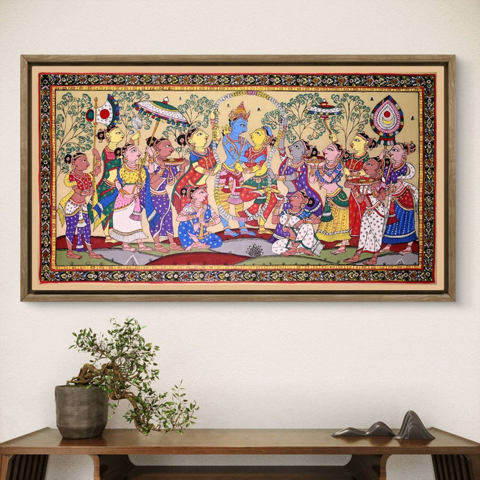 Krishna Gopi Vrindavan Pattachitra on Tussar Silk — Original Odisha Hand-Painted Bhakti Art | 24×44 Inches | Sacred Krishna Wall Art