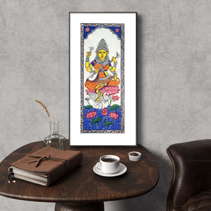 Saraswati Pattachitra Painting on Tussar Silk — Original Handmade Odisha Art | 7×16 Inches