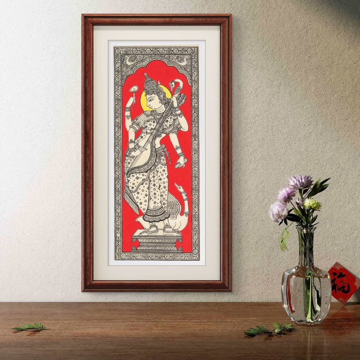 Saraswati Pattachitra Painting on Tussar Silk — Original Handmade Odisha Art | 7×16 Inches