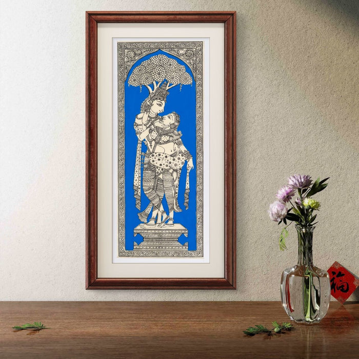Radha Krishna Pattachitra Painting on Tussar Silk — Original Handmade Odisha Art | 7×16 Inches | Divine Love