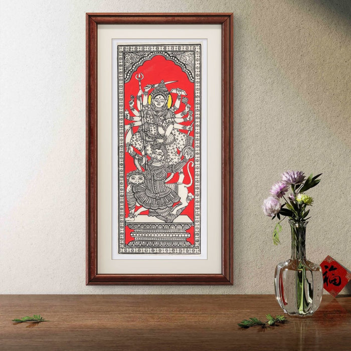 Durga Pattachitra Painting on Tussar Silk — Original Handmade Odisha Art | 7×16 Inches