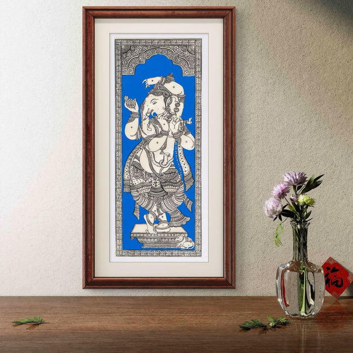 Dancing Ganesha Pattachitra Painting on Tussar Silk — Original Handmade Odisha Art | 7×16 Inches