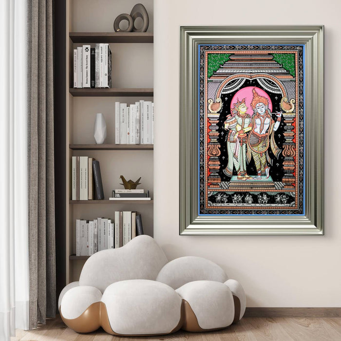 Radha Krishna Pattachitra Painting — Original Handmade Odisha Art | 24×40 Inches | Divine Love Artwork