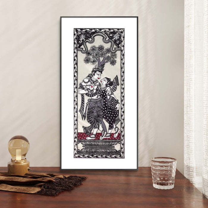 Radha Krishna Pattachitra Painting on Tussar Silk — Original Handmade Odisha Art | 7×16 Inches | Divine Love