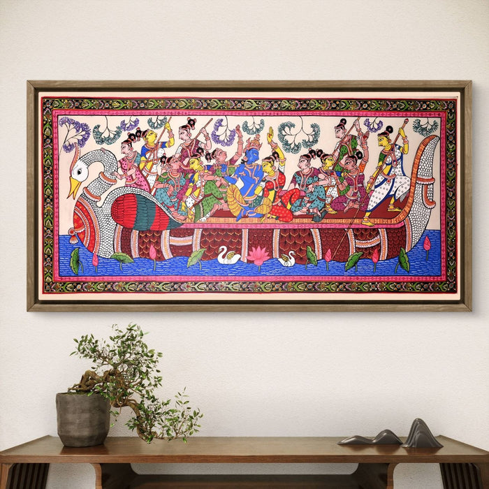 Krishna Gopi Vrindavan Pattachitra on Tussar Silk — Original Odisha Hand-Painted Bhakti Art | 24×44 Inches | Sacred Krishna Wall Art
