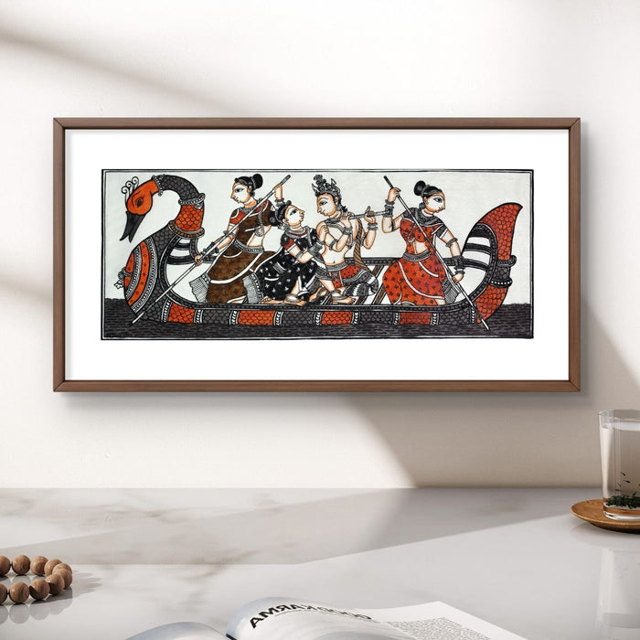 Krishna Leela Boat Scene Pattachitra Painting on Tussar Silk — Original Handmade Odisha Art | 7×16 Inches