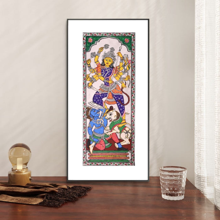 Durga Pattachitra Painting on Tussar Silk — Original Handmade Odisha Art | 7×16 Inches