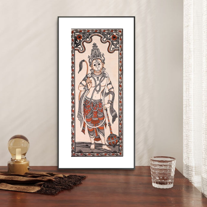 Hanuman Pattachitra Painting on Tussar Silk — Original Handmade Odisha Art | 7×16 Inches