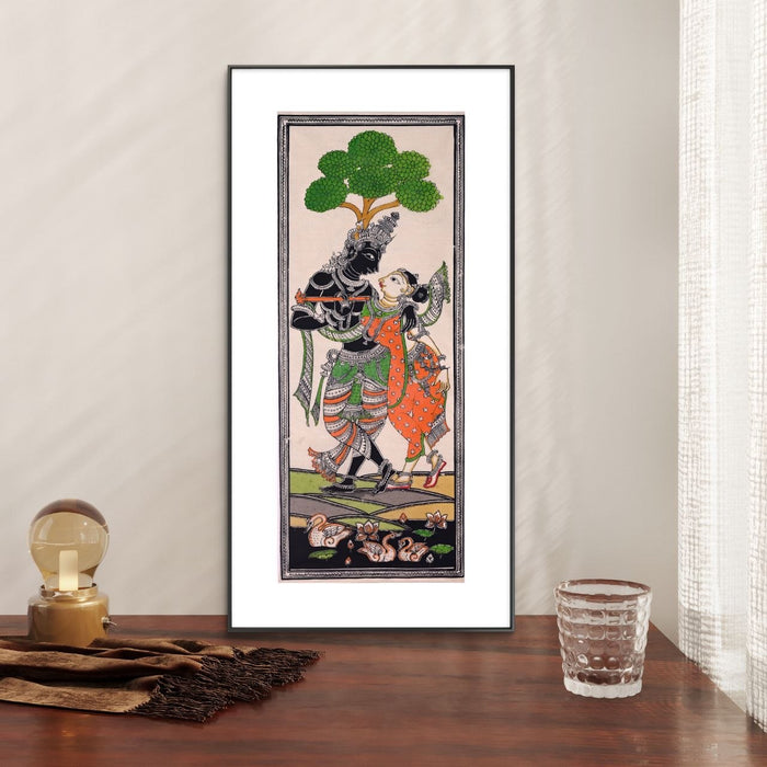 Radha Krishna Pattachitra Painting on Tussar Silk — Original Handmade Odisha Art | 7×16 Inches | Divine Love