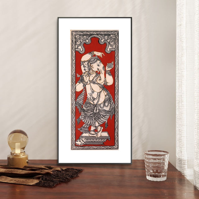 Dancing Ganesha Pattachitra Painting on Tussar Silk — Original Handmade Odisha Art | 7×16 Inches
