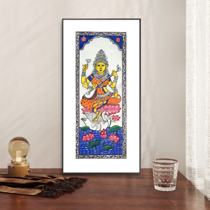 Saraswati Pattachitra Painting on Tussar Silk — Original Handmade Odisha Art | 7×16 Inches