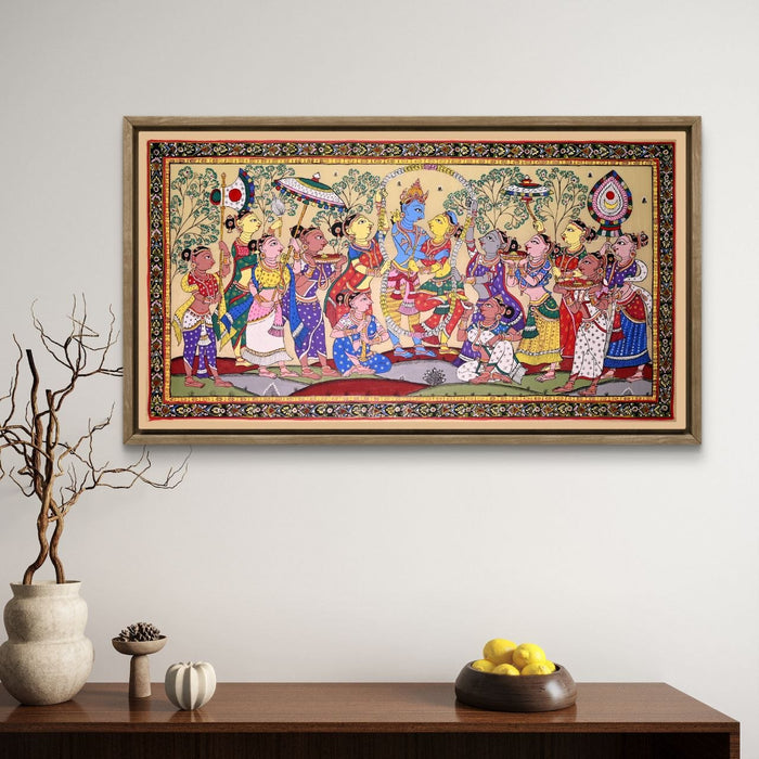 Krishna Gopi Vrindavan Pattachitra on Tussar Silk — Original Odisha Hand-Painted Bhakti Art | 24×44 Inches | Sacred Krishna Wall Art