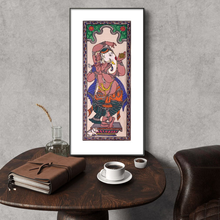 Dancing Ganesha Pattachitra Painting on Tussar Silk — Original Handmade Odisha Art | 7×16 Inches