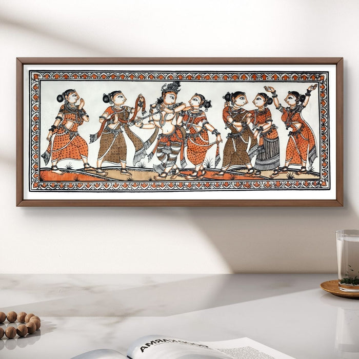 Krishna Raas Leela Pattachitra Painting on Tussar Silk — Original Handmade Odisha Art | 7×16 Inches
